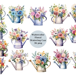 Aquarelle floral arrosoir Clipart, fichiers numériques PNG sur fond transparent, sublimation, usage commercial