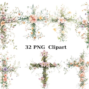 32 bloemen kruisen aquarel clipart, bloemen clipart, individuele png-afbeeldingen op transparante achtergrond, sublimatie