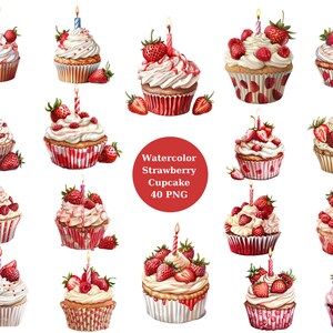 Acquerello 40 Clipart cupcake alla fragola, cupcake alla fragola, compleanno, singole immagini PNG su sfondo trasparente, sublimazione