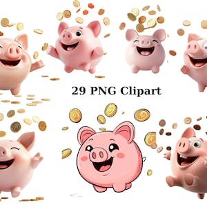 29 Lustige Sparschweine Clipart, wunderliche Clipart, PNG einzelne Bilder auf transparentem Hintergrund, Sublimation