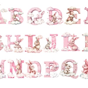Rosa Kaninchen Alphabet Aquarell, Kaninchen Buchstaben, transparenter Hintergrund, hohe Qualität, Clipart, 12x12, kommerzielle Nutzung