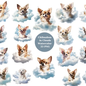 Watercolor 33 Chihuahua in Clouds Clipart, transparent background, high quality, clipart, 12x12, commercial use