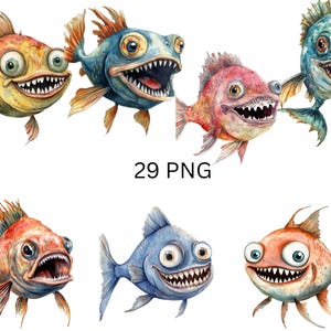 Cartoon Piranha Clipart - Funny Watercolor Fish Illustrations - 29 PNG individual images on transparent background, sublimation