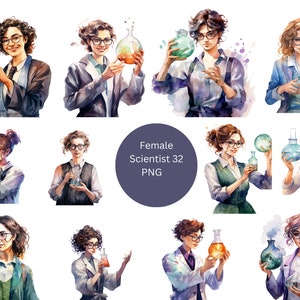 32 Imágenes prediseñadas de acuarela científica femenina, imágenes prediseñadas científicas, imágenes individuales PNG sobre fondo transparente, sublimación
