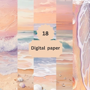 Pastel Beach Digital Paper Pack, Soft Ocean Waves, Seashell Shoreline & Sunset Backgrounds, 18 Dreamy Coastal Sheets