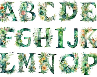 Watercolor Floral Green Alphabet Clipart , Floral Alphabet, transparent background, high quality, clipart, 12x12, commercial use