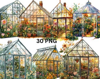 May include: A set of ten watercolor illustrations of various glass greenhouses with lush green plants and flowers. The greenhouses are all different shapes and sizes, and some have ornate details. The illustrations are perfect for adding a touch of nature to any project.