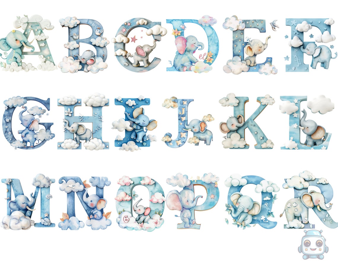 White Elephant Lettering Watercolor Elephant Alphabet, Letters Png, Alphabet Png, Instant ...