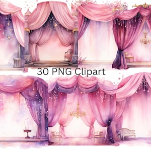 30 imágenes prediseñadas de acuarela de etapas mágicas rosas, imágenes PNG individuales sobre fondo transparente, sublimación, uso comercial