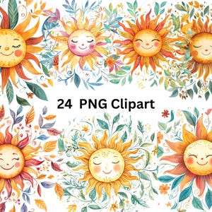 24 Happy Suns Watercolor Clipart, Whimsical Clipart, PNG individual images on transparent background, sublimation