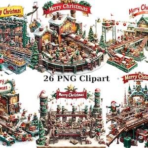 Usine de jouets du père Noël avec joyeux Noël enseigne des images clipart, clipart Noël, PNG sur fond transparent