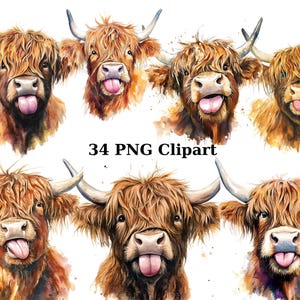 34 面白いハイランド牛の水彩画クリップアート、動物のクリップアート、透明な背景の PNG 個別画像、昇華
