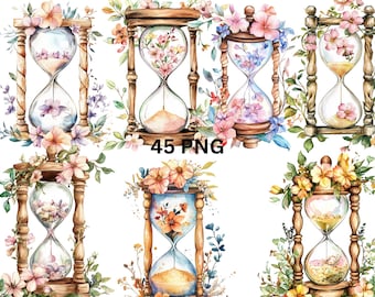 45 Floral Hourglass Watercolor Clipart, PNG digital files on transparent background, sublimation, commercial use