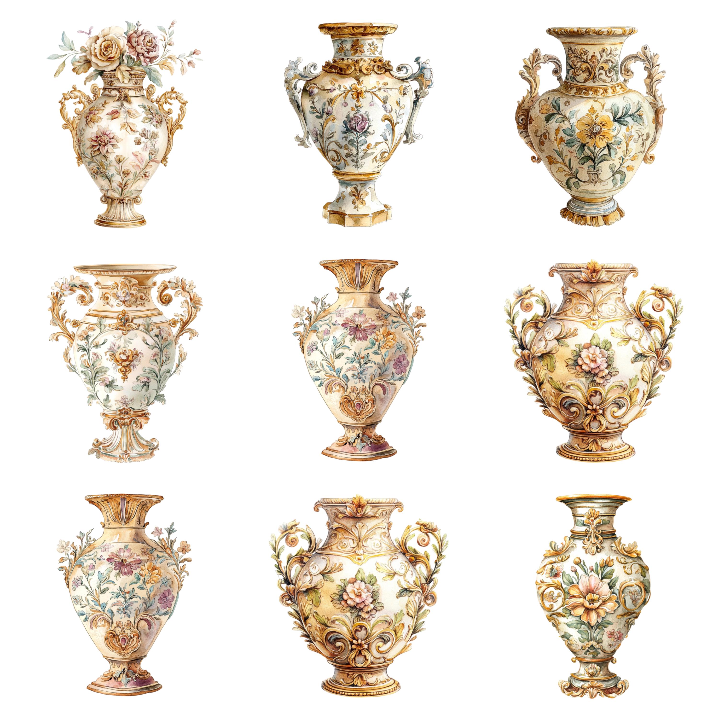 Vintage Floral Vase Clipart, 44 PNG Images on Transparent Background
