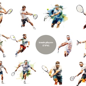 17 Tennisspieler Aquarell Clipart, Tennis Clipart, PNG Einzelbilder auf transparentem Hintergrund, Sublimation