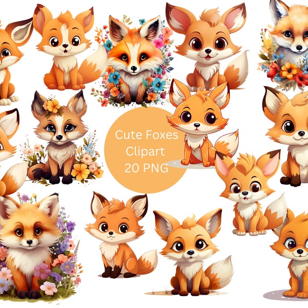 Cute Foxes Clipart, PNG individual images on transparent background, sublimation, commercial use