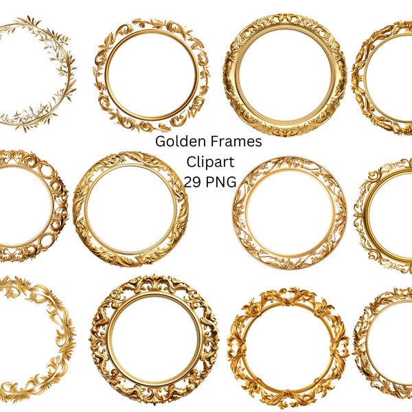 Golden Round Frames Clipart, Logo Clipart, Logo Template, Gold Circles, PNG files on transparent background, instant download