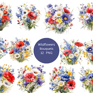 12 個の野生の花の花束の水彩画のクリップアート、花のクリップアート、透明な背景の PNG の個々の画像、昇華