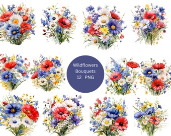 12 Wildflower Bouquets Watercolor Clipart, Floral Clipart, PNG individual images on transparent background, sublimation