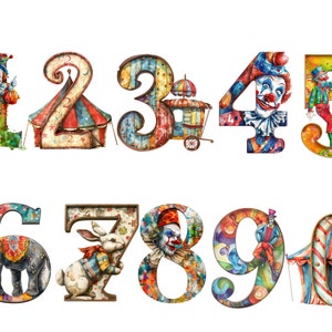 Aquarell Zirkus Zahlen Clipart, PNG Einzelbilder auf transparentem Hintergrund, Sublimation, kommerzielle Nutzung