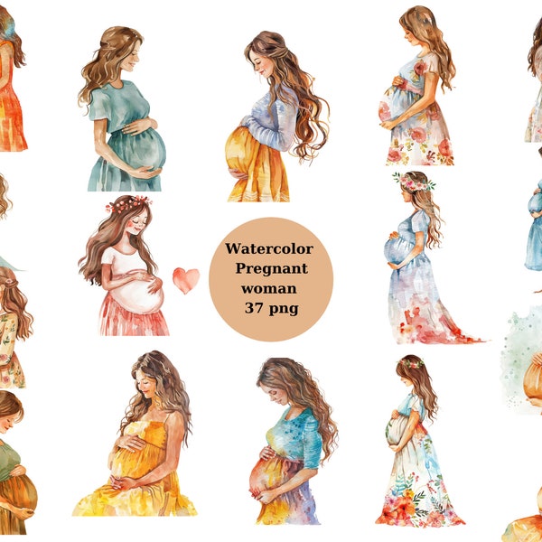 Watercolor Pregnant Woman Clipart, PNG individual images on transparent background, sublimation, commercial use