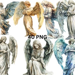 40 estátuas de anjo aquarela clipart, arquivos digitais PNG em fundo transparente, sublimação, uso comercial