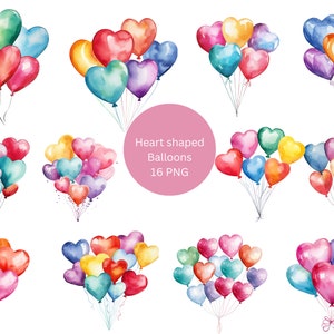 16 Herzförmige Luftballons Aquarell Clipart, Ballon Clipart, PNG einzelne Bilder auf transparentem Hintergrund, Sublimation