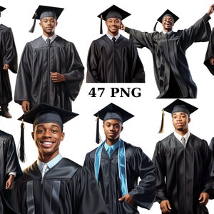 47 Black Man Graduation Clipart, Man of Color, PNG Einzelbilder auf transparentem Hintergrund, Sublimation, kommerzielle Nutzung