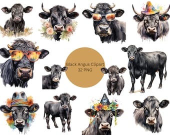 Watercolor Black Angus Clipart, PNG digital files on a transparent background, scrapbook, invitations