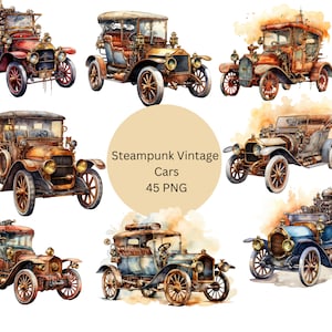 Watercolor Steampunk Vintage Cars Clipart, PNG digital files on transparent background, sublimation, commercial use