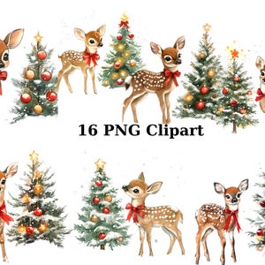 16 imágenes prediseñadas de acuarela de cervatillo navideño, imágenes prediseñadas de Navidad, imágenes PNG individuales sobre fondo transparente, sublimación