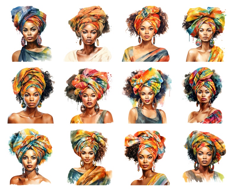 39 Black Women With Colorful Headwraps Watercolor Clipart, Women of ...