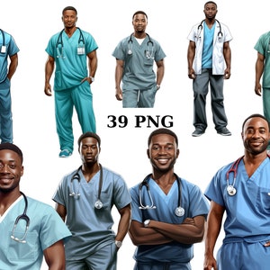 37 Nurse Black Man Clipart, Man of Color, individuele PNG-afbeeldingen op transparante achtergrond, sublimatie, commercieel gebruik