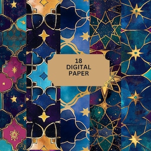 Könnte beinhalten: Eine Sammlung von 18 digitalen Papieren mit einem Mosaikfliesen-Design. Die Papiere weisen eine Vielzahl von Juwelfarben auf, darunter Türkis, Marineblau, Gold und Lila. Jedes Papier hat ein einzigartiges Muster mit Sternen und geometrischen Formen.