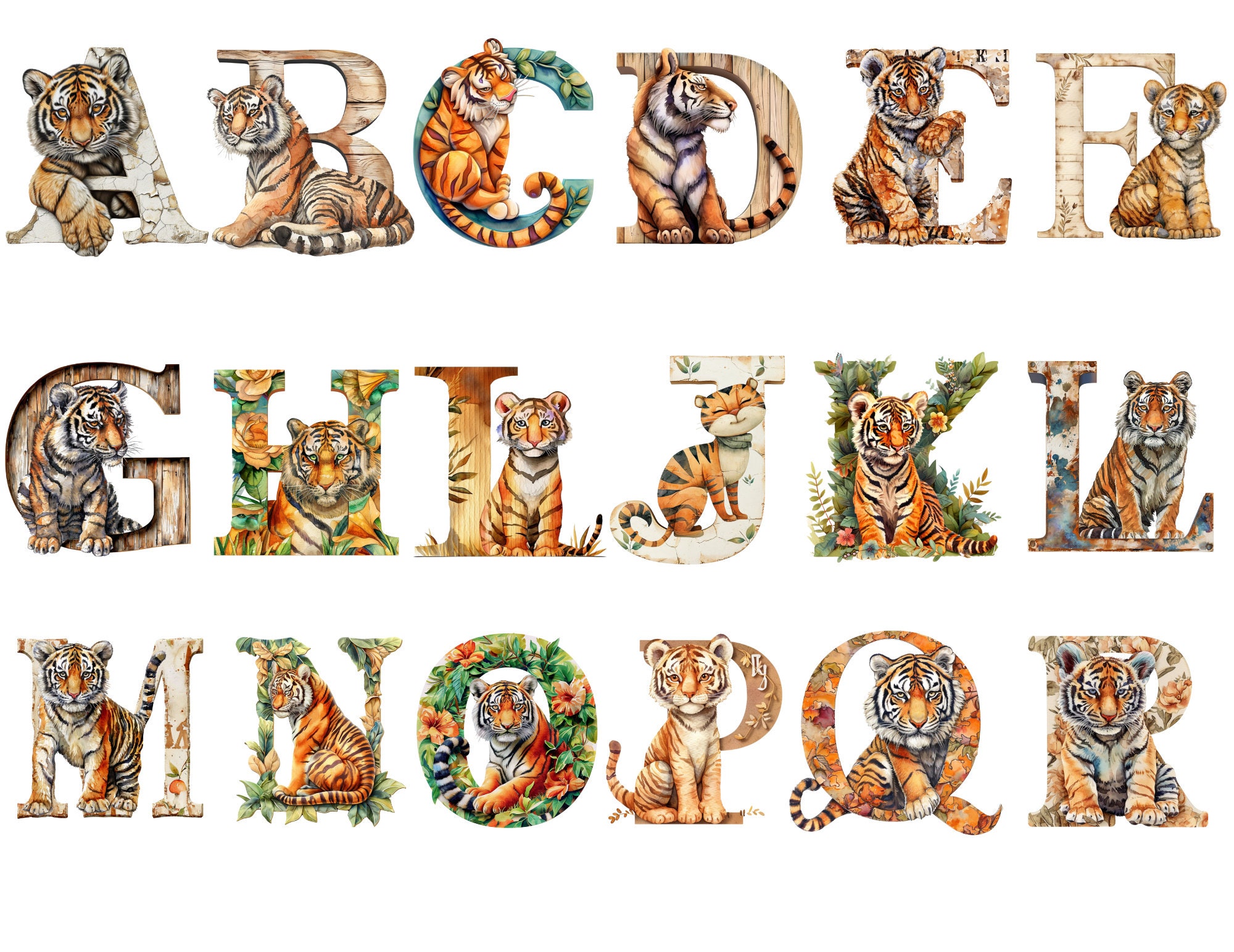 Watercolor Tiger Alphabet Clipart, PNG individual images on transparent background, sublimation, commercial use