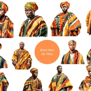 Clipart acquerello 26 uomini di colore in abbigliamento africano, clipart uomini di colore, singole immagini PNG su sfondo trasparente, sublimazione