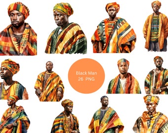 May include: A digital illustration set of 10 Black men wearing colorful patterned clothing. The men are depicted in a watercolor style with a variety of poses and expressions. The illustration set is titled "Black Man 26 PNG".