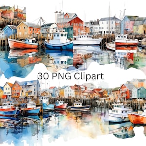 May include: Watercolor painting of a colorful seaside town with boats docked at the harbor. The buildings are painted in shades of yellow, red, blue, and green. The boats are a variety of colors, including blue, red, and white. The water is a light blue color and reflects the colors of the buildings and boats.