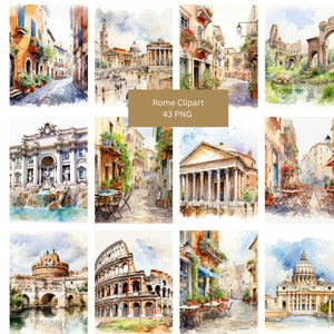 Aquarel Rome Clipart-bundel, 43 PNG-afbeeldingen, witte achtergrond, hoge kwaliteit, 12x12, commercieel gebruik