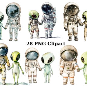 28 Astronauten mit Außerirdischen Aquarell Clipart, Weltraum Clipart, PNG einzelne Bilder auf transparentem Hintergrund, Sublimation