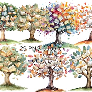 29 boek boom aquarel clipart, afzonderlijke png-afbeeldingen op transparante achtergrond, sublimatie, commercieel gebruik