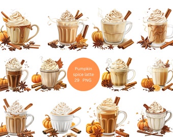 May include: A set of 29 digital illustrations of pumpkin spice lattes with whipped cream, cinnamon sticks, and fall-themed decorations. The illustrations are perfect for creating fall-themed designs, social media graphics, or website content.