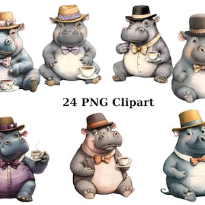24 Gentleman Hippos aquarel clipart, dieren clipart, individuele png-afbeeldingen op transparante achtergrond, sublimatie