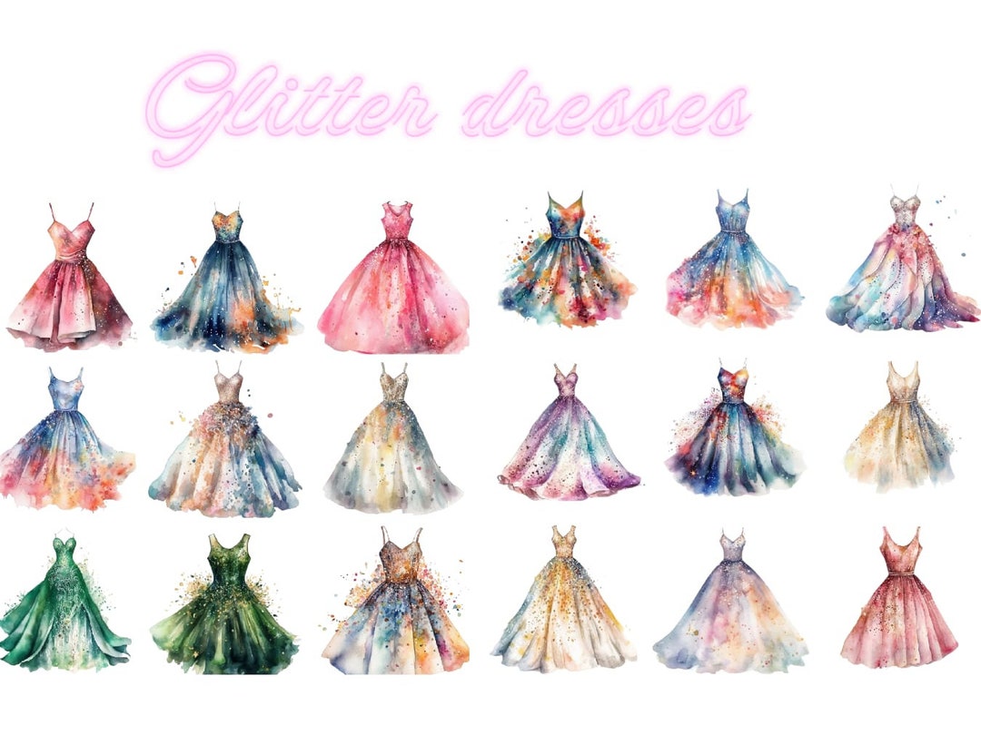 Watercolor Glitter Dresses Clipart, PNG Images, Instant Download