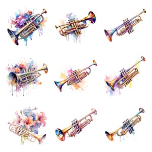 Watercolor Trumpets Clipart, PNG Digital Files on Transparent ...
