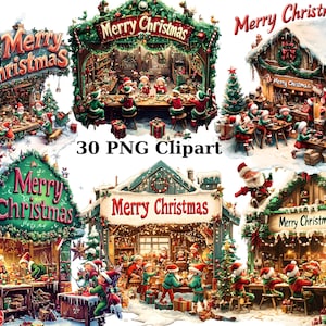 30 Oficina do Papai Noel com clipart de sinal de feliz Natal, clipart de Natal, imagens PNG individuais em fundo transparente, sublimação