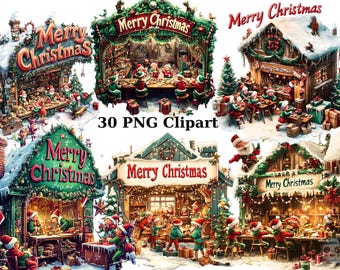 May include: A collection of Christmas-themed illustrations featuring scenes of elves, Santa Claus, and festive decorations. The images include the text "Merry Christmas" and are presented as 30 PNG clipart files. The illustrations are colorful and detailed, evoking a holiday atmosphere.