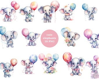 Baby Elephants with Balloon Watercolor Clipart, Cute Elephants, PNG digital files on transparent background, sublimation