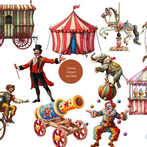 Clipart cirque, images individuelles de carnaval PNG sur fond transparent, sublimation, usage commercial