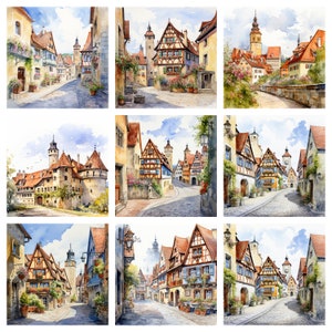 May include: A watercolor painting of a European village with cobblestone streets, colorful buildings, and a church steeple in the distance.